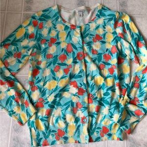 LL Bean Turquoise orange yellow floral Long Sleeve Cotton Cardigan